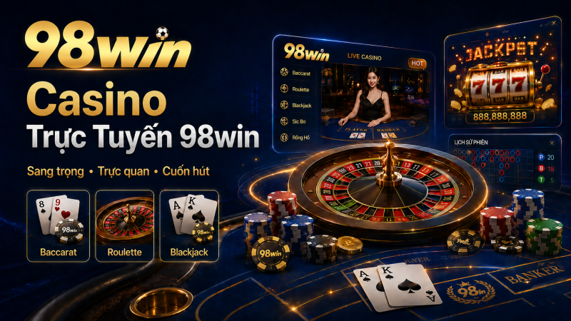 Hình bàn casino 98Win, dealer nữ đang chia bài, chip, quân bài trên bàn, roulette, jackpot, logo 98Win góc trên trái.