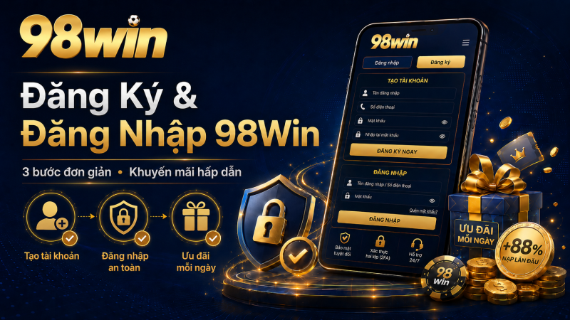 Hình smartphone 98Win hiển thị giao diện đăng ký và đăng nhập, biểu tượng kiểm tra bảo mật, nút đăng ký, logo 98Win góc trên trái.