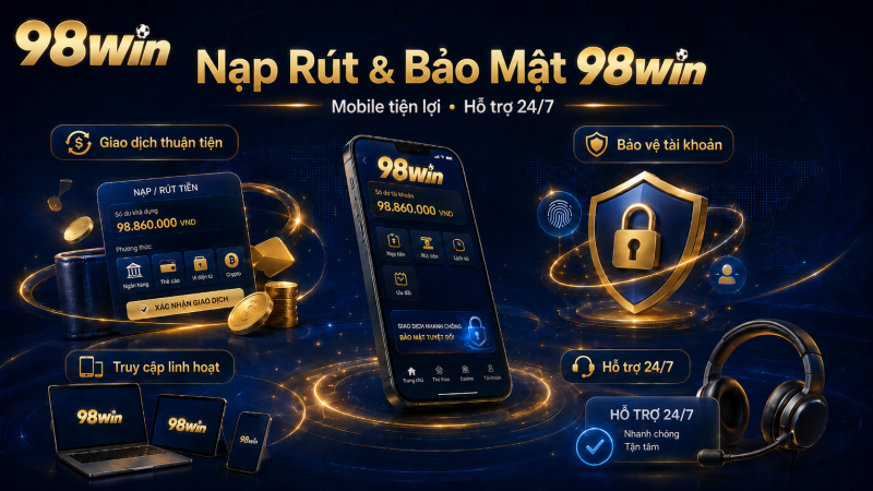 Hình smartphone 98Win hiển thị giao diện nạp rút, biểu tượng shield bảo mật, đồng hồ, giao dịch thuận tiện, logo 98Win góc trên trái.